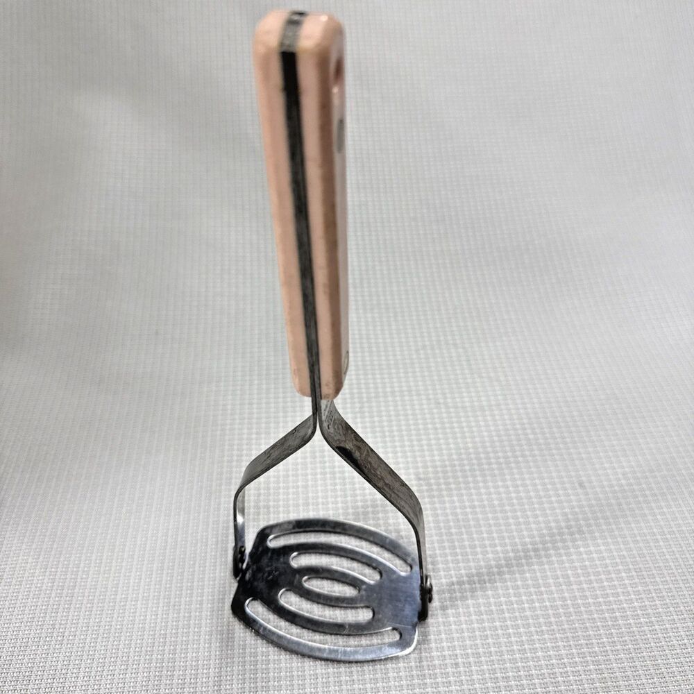 Vintage Chalfont Stainless Steel Potato Masher Utensil Pink Handle Sturdy USA